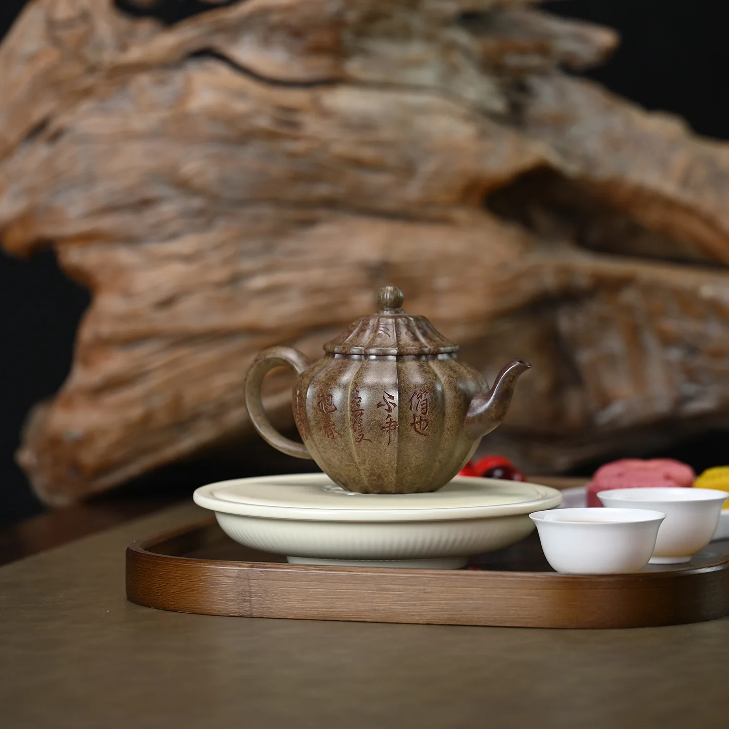 Raw Agarwood Clay Hand-Carved Vein Pattern Autumn Water Practical Yixing Zisha Teapot Kung Fu Tea Set 240ML