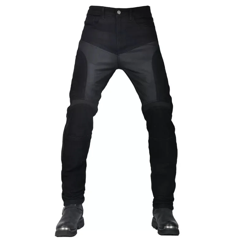New Motorcycle Men Summer Riding Jeans Motocross Breathable High Elastic Mesh Belt Fixed Longer Knee Gears Pants Moto Trousers