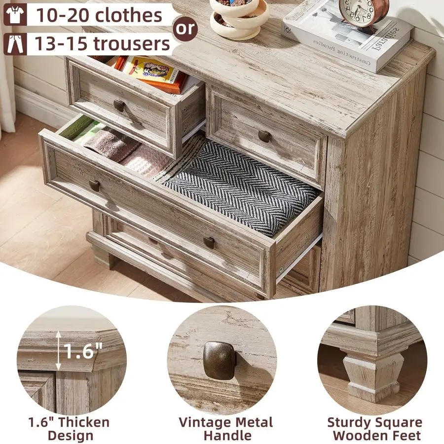 寝室用5段引き出し付きドレッサー、高さ33インチのヴィンテージ木製チェスト、素朴な小さなドレッサー、正方形の木製脚付き、ミッドセンチュリー