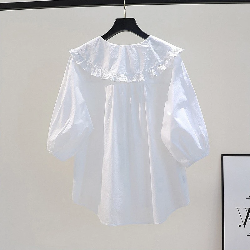 

Cotton Casual Loose Mid-Sve Doll Collar Women's irt Spring Summer New Sle Korean Version Sweet Top Commute Faion