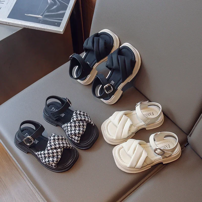 

2024 Summer Children Sliders Cross-tied Houndstooth Morden Girl's Sandals Round Toe 23-36 Light Kids Platform Flat Shoes