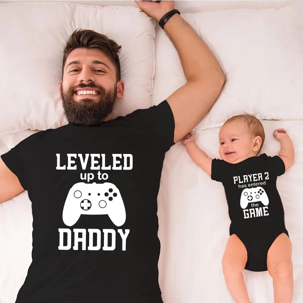 Baby Romper Pregnancy Announcement Gift Player 2 Enter Game Leveled Up To Dad T Shirts Daddy and Son Matching Family Funny Tee