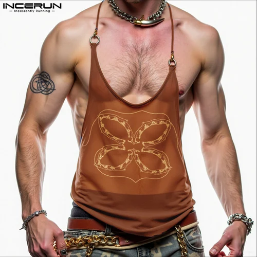 Imagen 2 del producto INCERUN, camisetas sin mangas para hombre, chalecos transparentes de malla con estampado de cuello redondo sin mangas para hombre, ropa de calle Sexy 2025, ropa informal de moda para hombre