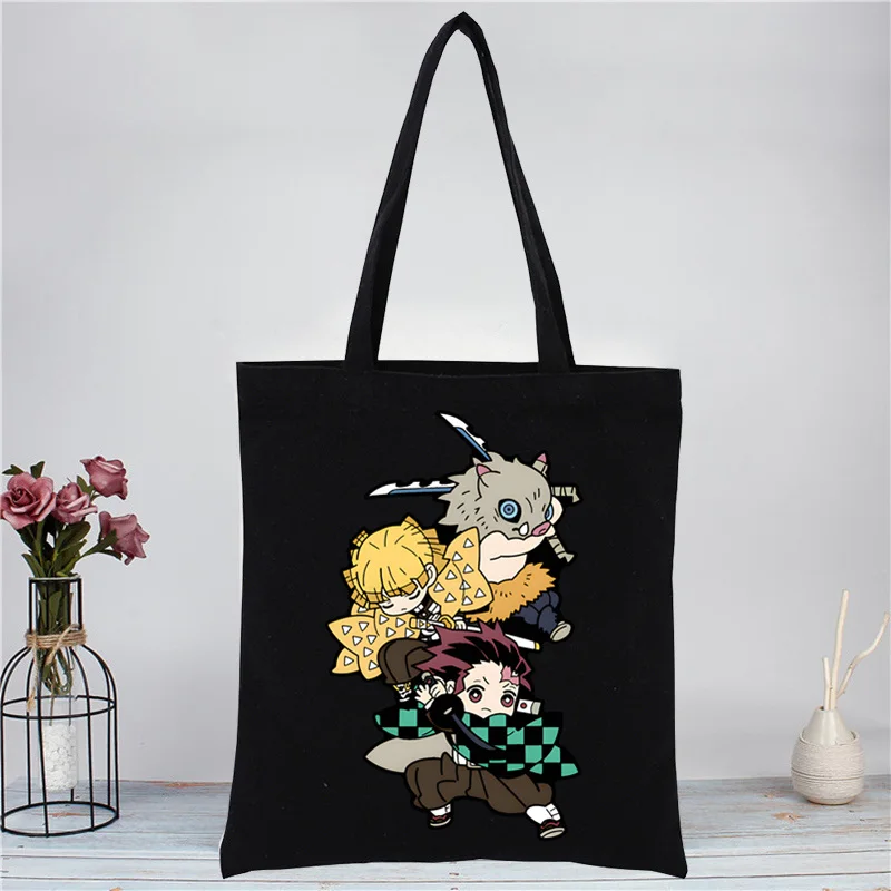 Kamado Tanjirou Anime Demon Slayer Nezuko nuovo arriva Art Canvas Bag Totes borse per la spesa nere stampate semplici