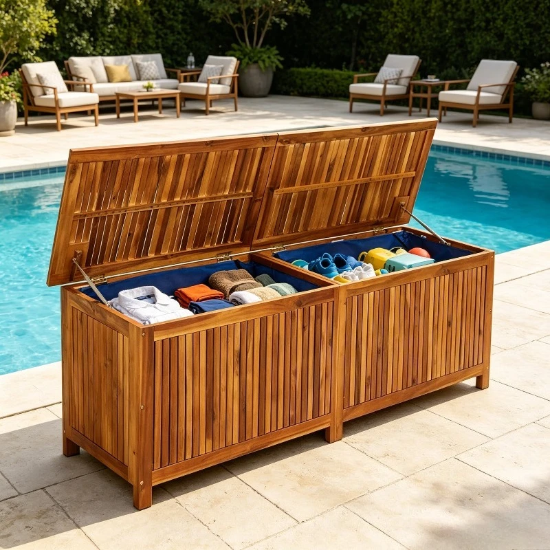 Coffre de rangement pour jardin et terrasse 175x50x58 cm en bois massif d'acacia finition huilée, meuble de rangement pour coussins, textiles ou accessoires de maison, structure solide avec intérieur doublé et pieds surélevés pour une bonne aération
