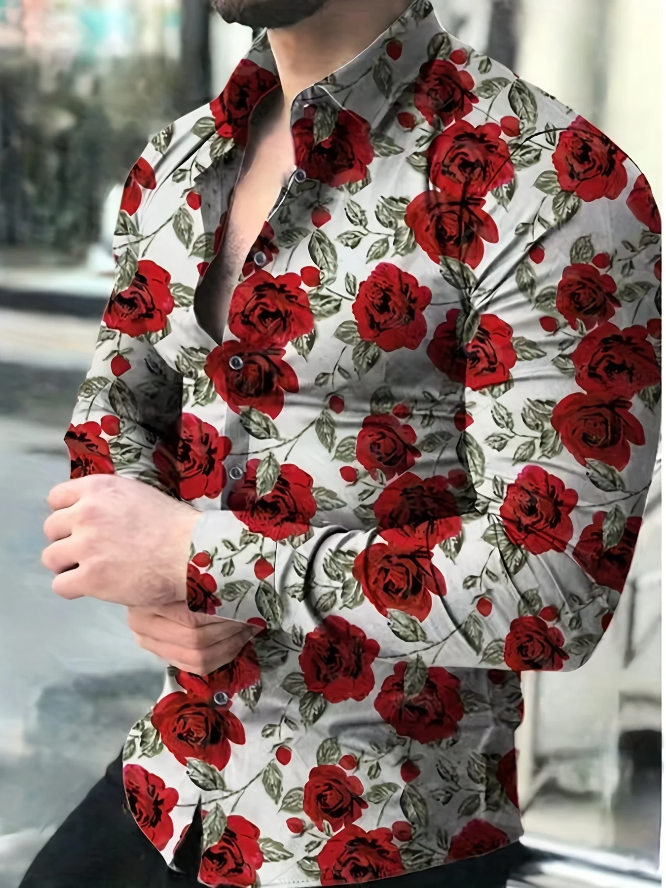 Men\'s Casual Fashion 3D Roses Graphic Print Shirt Oversized Trendy Long Sleeve Shirt Tops For Big Tall Males Men\'s Clothing Tops