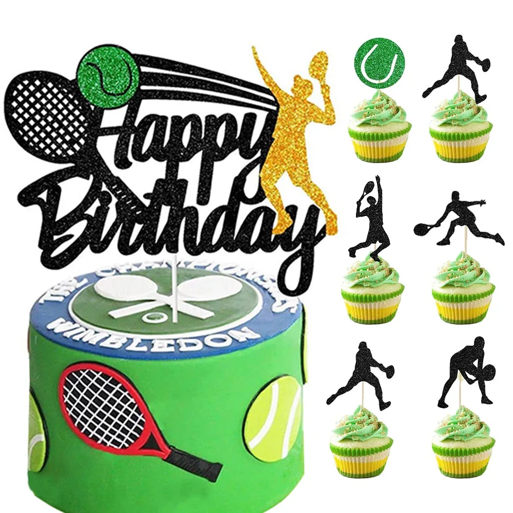 Adorno para tarta de tenis, letrero de feliz cumpleaños, decoraciones para tarta, raqueta de tenis para niño y hombre, jugador de pelota, tema deportivo, suministros para fiesta de cumpleaños