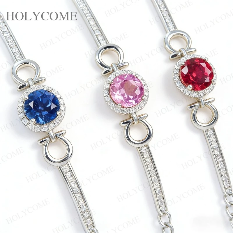

925 Sterling Silvver Bracelet Ruby/Sapphire/Padparadscha Round 5mm White Gold Plated Jewelry For Ladies Dating Daily Outfit Wear