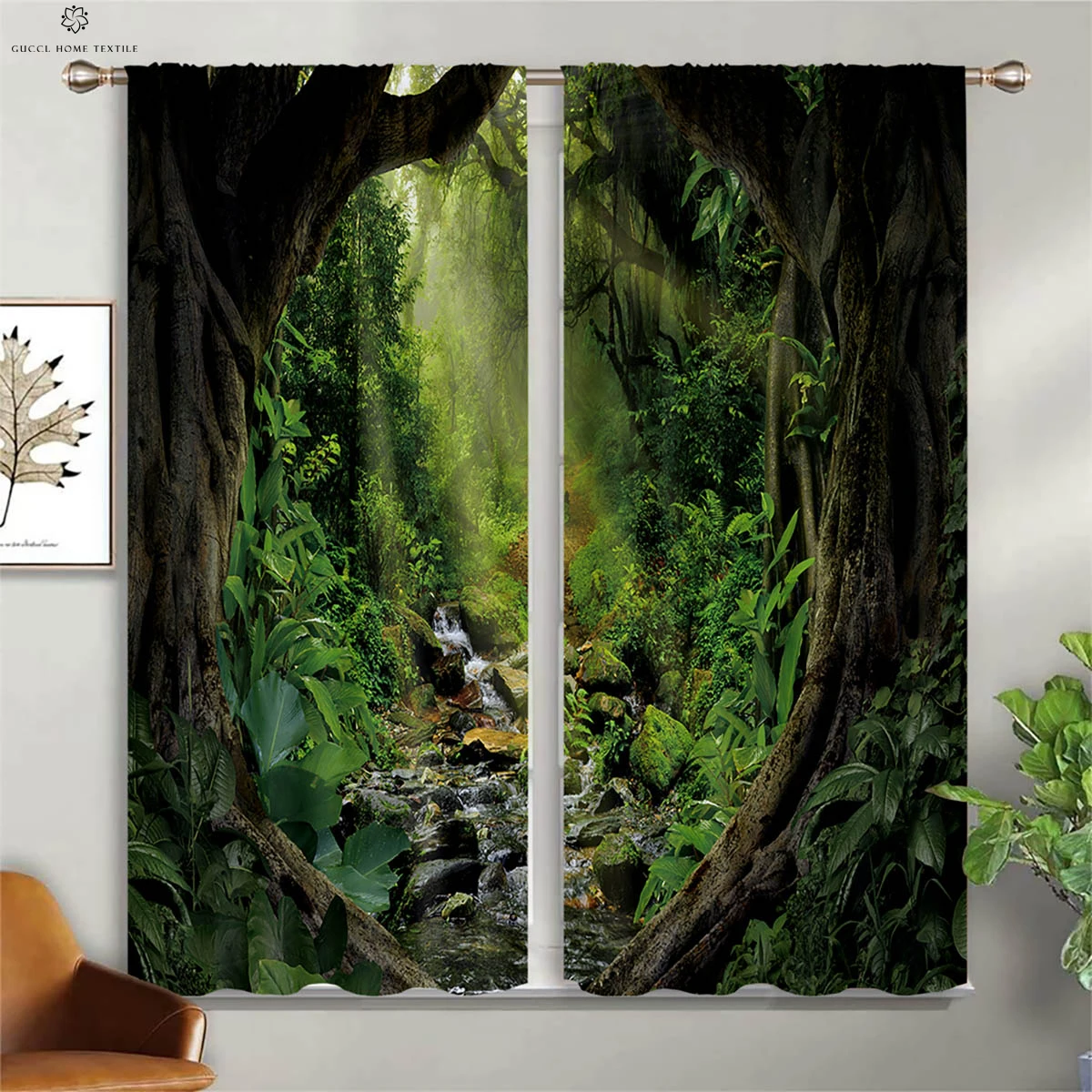 Misty Forest-3D Printed Curtains, Green Vegetation, Rod Pocket, Bedroom, Kitchen, Living Room, Decorative, 2 Pieces