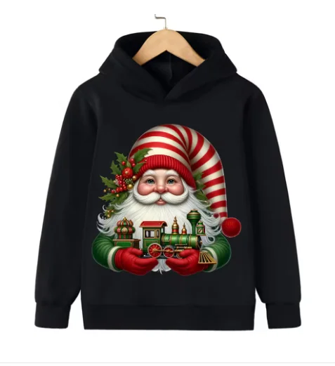 2025年新作クリスマスフード付きセーター、漫画風のお祭り気分を盛り上げるサンタクロースデザイン、女性向けの楽しいスポーツウェアに最適、メリークリスマス