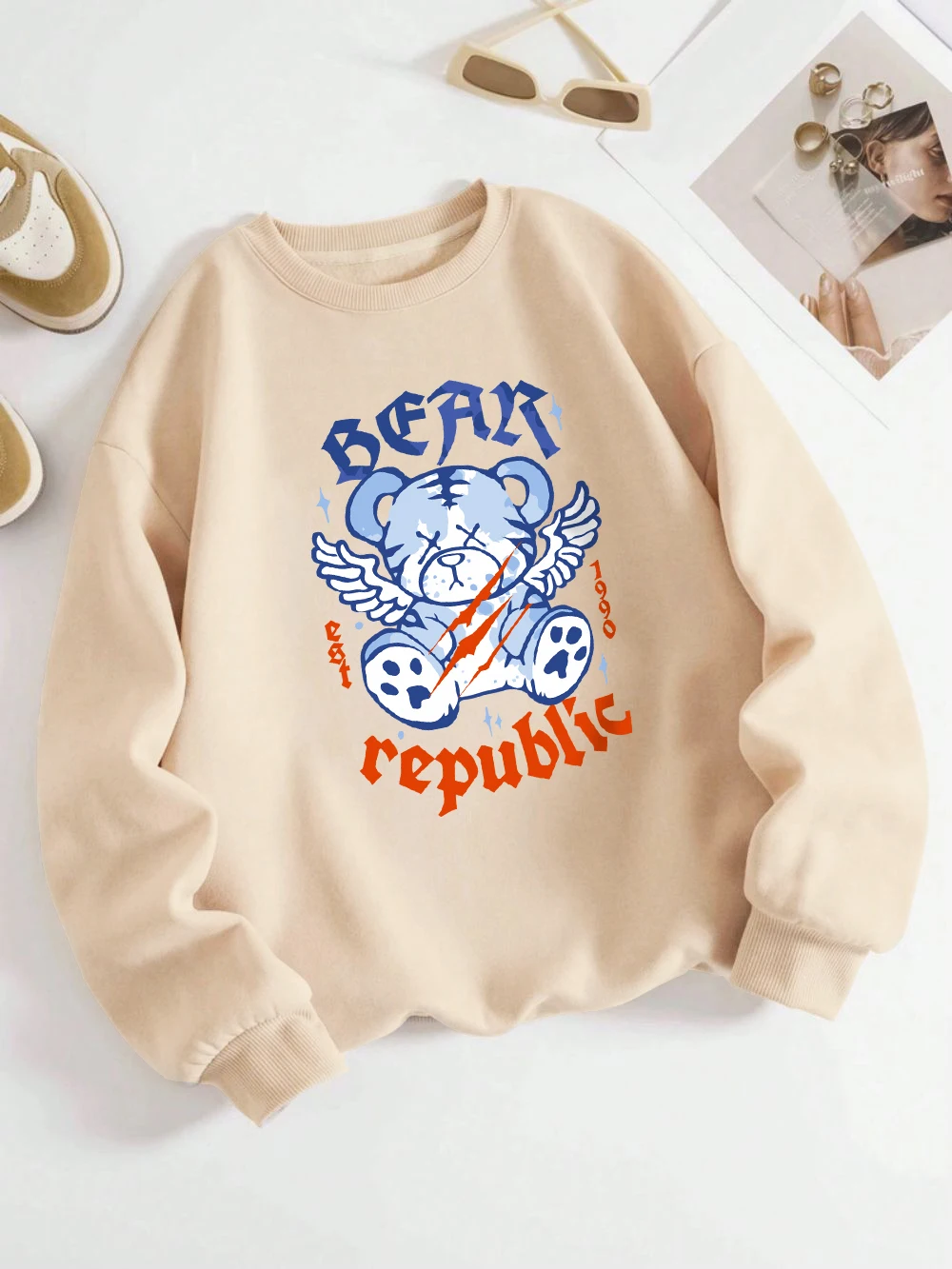 

Bear Angel Republic Sweatshirts Womens Cartoons Prints Hoodies Crewneck Loose Fleece Warm Tops Casual Comfortable Woman Clothes