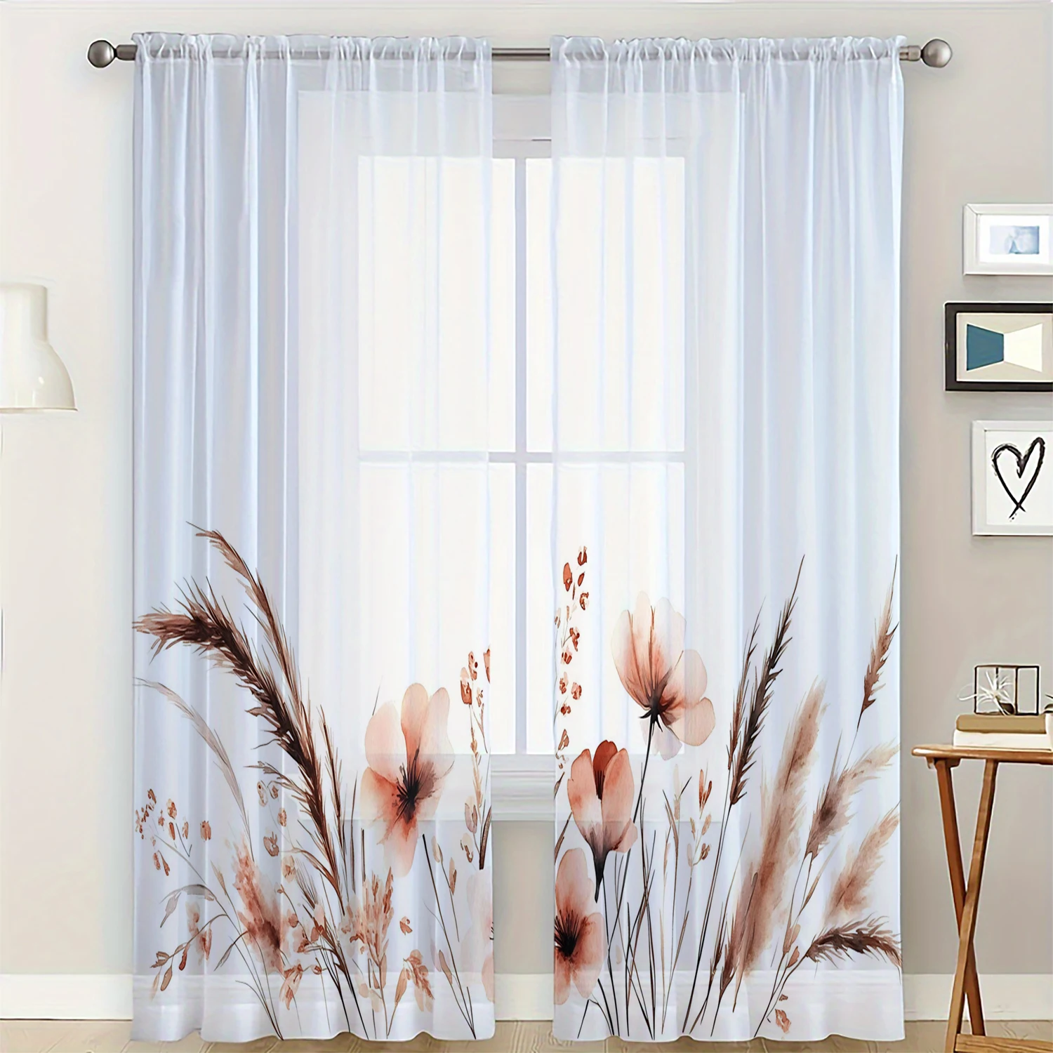 2 Pieces of High-Definition Digital Gold Wheat Ear Leaf Printed Window Screen Home Decoration Style Decoration Living Room Bedro