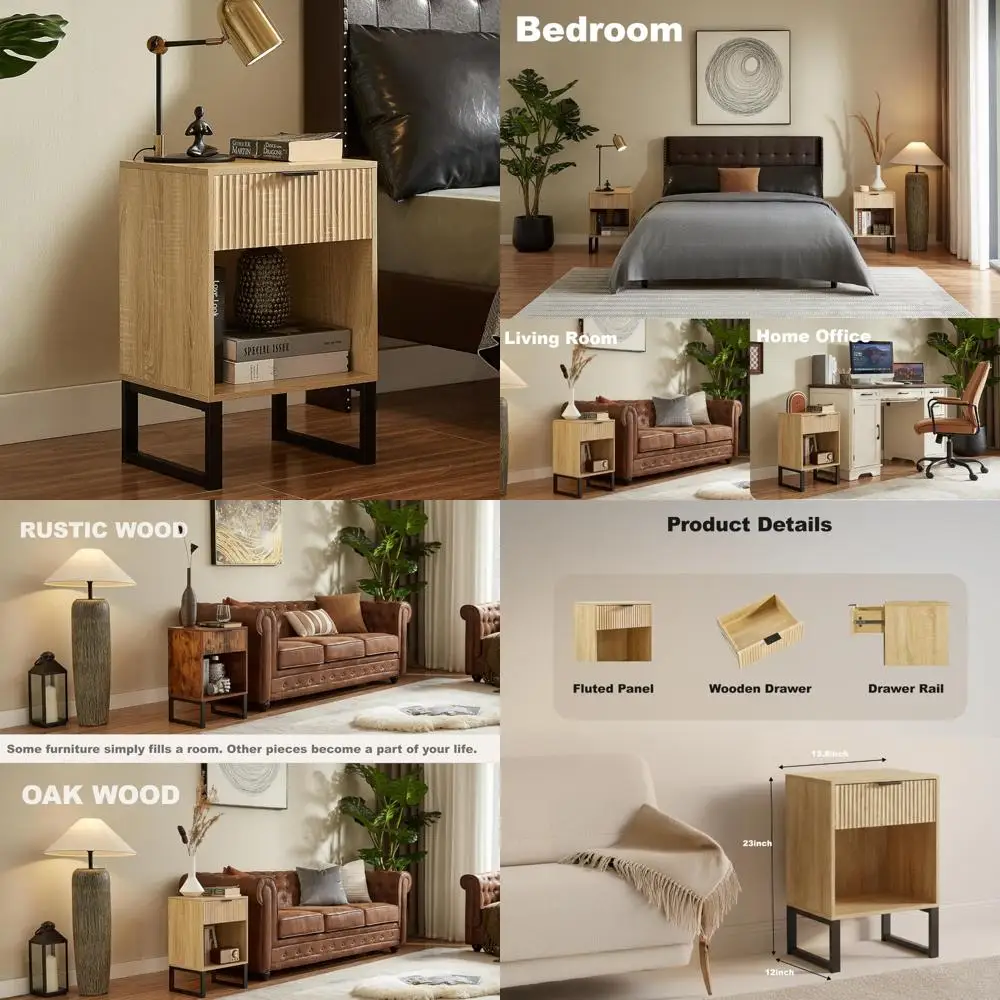 منضدة حديثة لمنتصف القرن، طاولة بجانب السرير من خشب البلوط الخفيف مع درج مخدد وتخزين مفتوح، طاولة نهائية تتميز بمعدن أسود