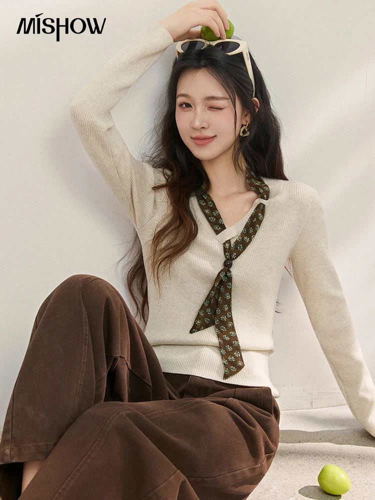 MISHOW Women's Elegant Mint Green V Neck Ribbed Knit Pullover Top Tie Neck Long Sleeve Slim Spring Autumn Sweater MXF108Z1024 - view 5