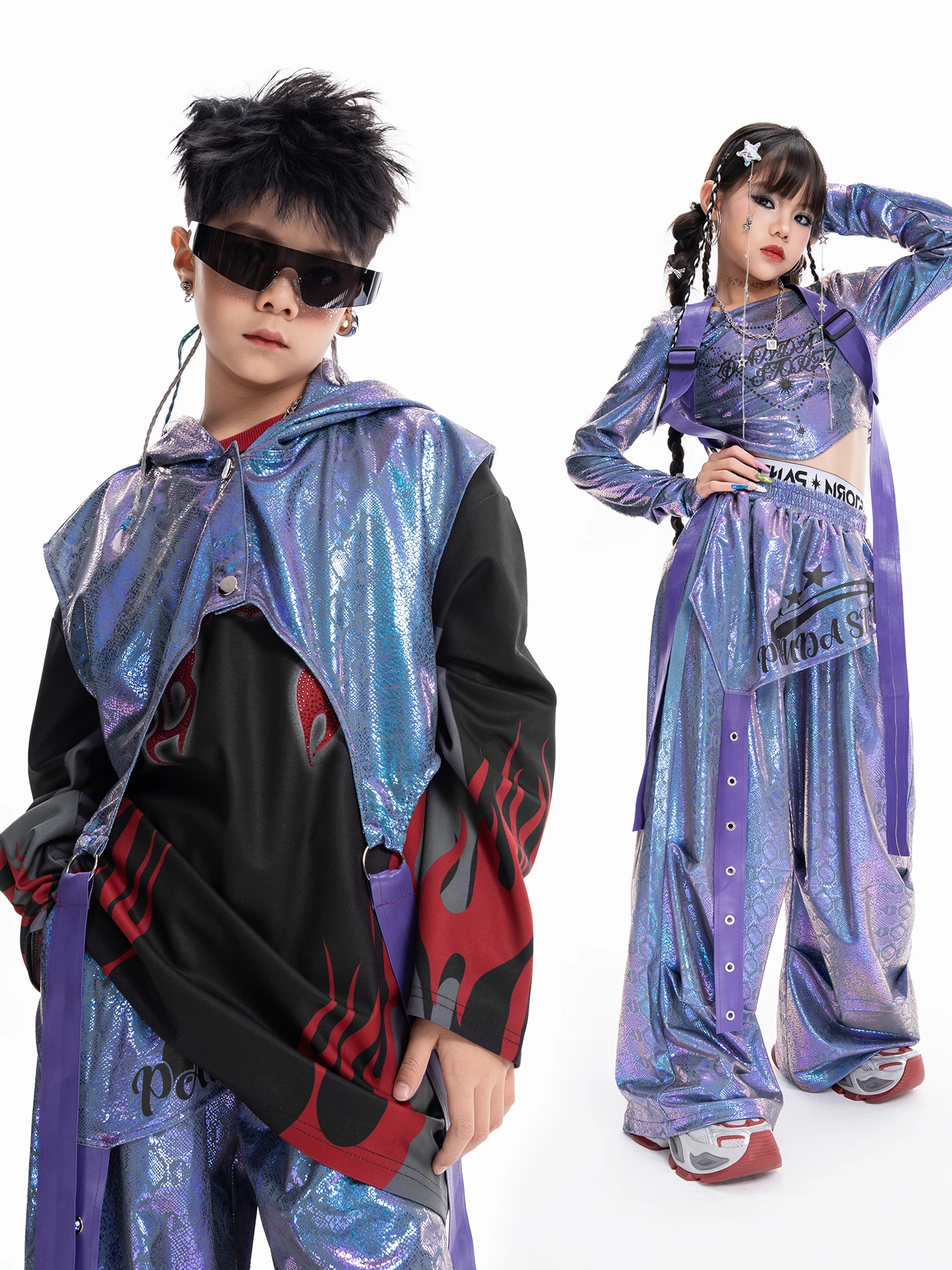 بنين بنات كول شارع الرقص الهيب هوب شارع الرقص تظهر رقص الجاز الملونة سترة السراويل ملابس أداء الأطفال DN22192