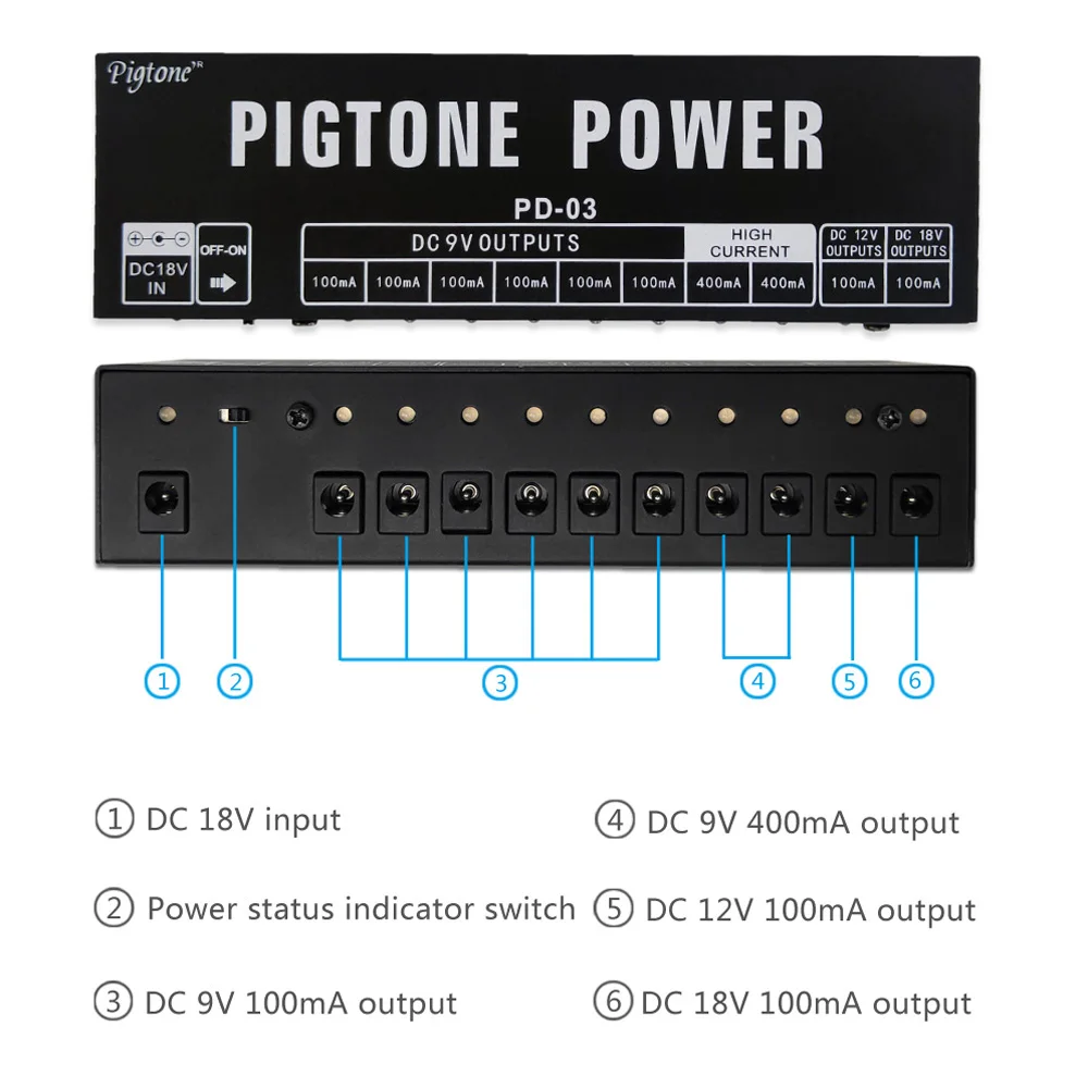 Pigtone PD-03 sorties 10 voies pour 9V/12V/18V Protection de tension pédales d'effet de guitare carte d'alimentation accessoires de guitare