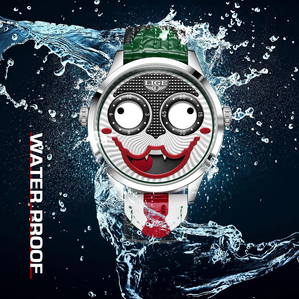 LIGE New Creative Clown Watches For Men Luxury Top Brand Leather Waterproof Men's Quartz Wristwatch Fashion Cool Joker Watch Men