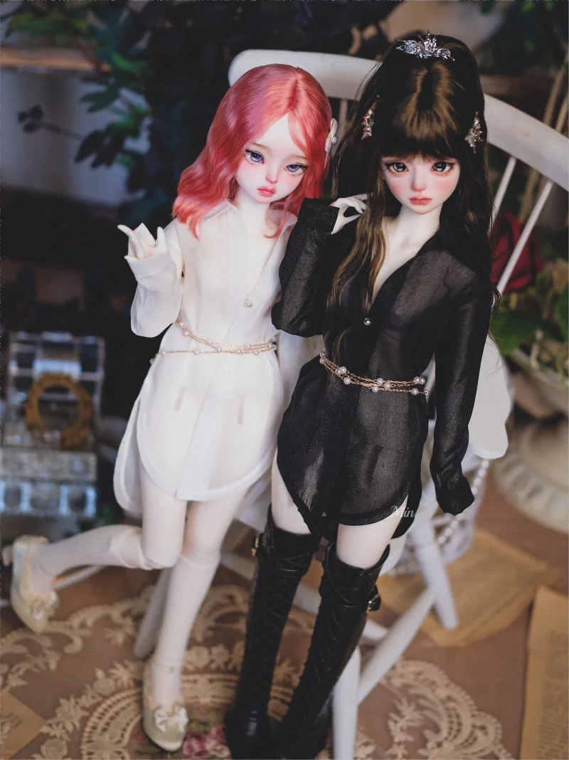 BJD baby clothes 1/3 1/4 size black and white ultra-thin shirt with magnetic buckle waist chain bjd all-matching shirt