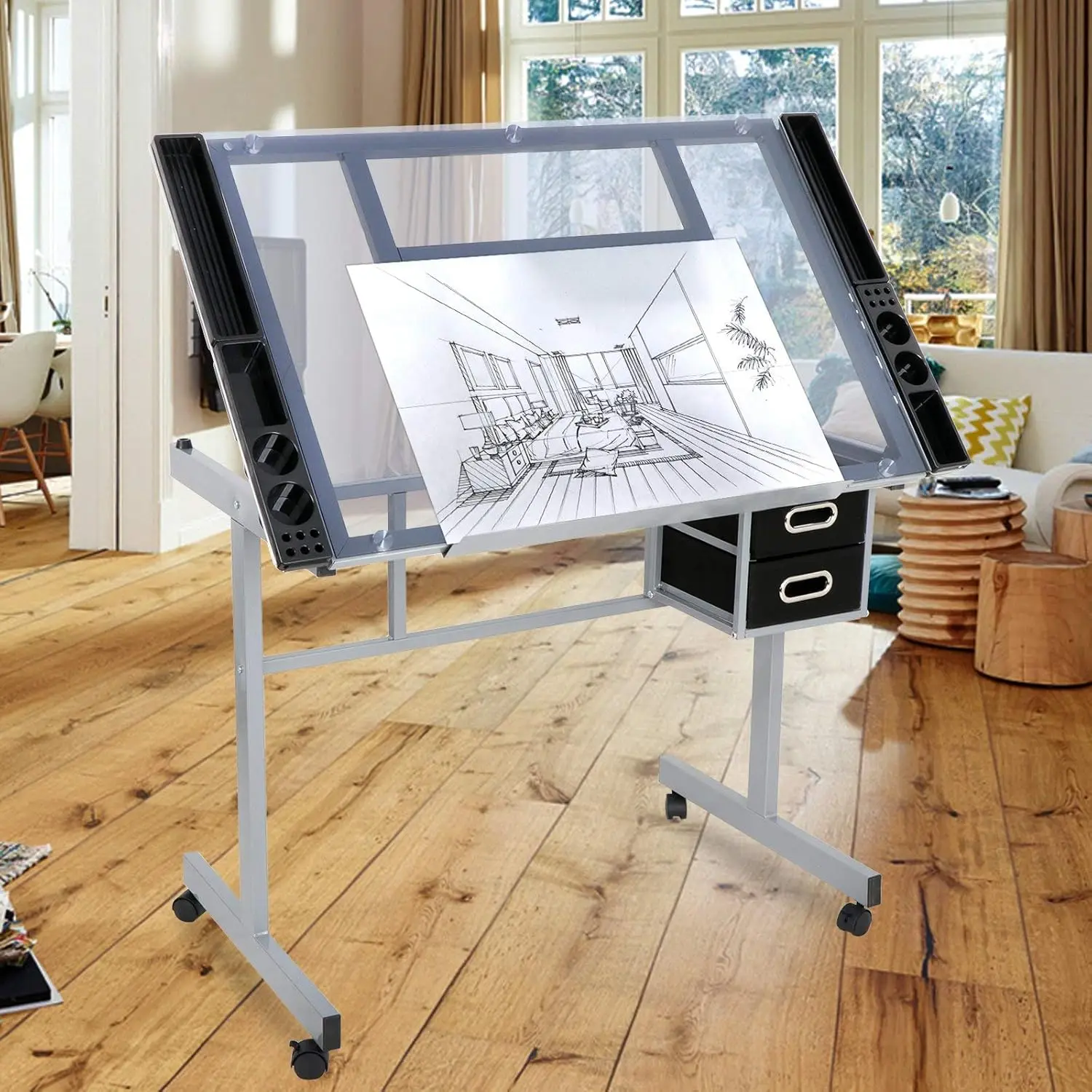 

Adjustable Drafting Table Art Desk Drawing Table Versatile Art Craft Work Station Glass Tabletop w/2 Slide Drawers and Wheels