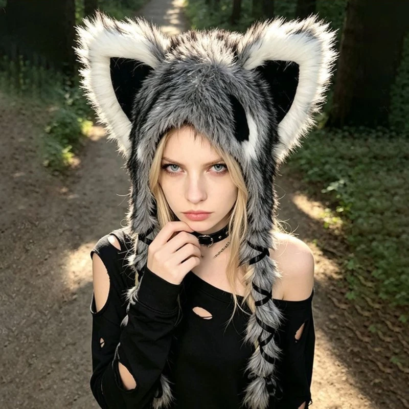 Raccoon Plush Ear Flaps Hat with Ear Covering Side Panels, Long Ribbon Tied Braids, and Pointed Ears for Festival Outfit