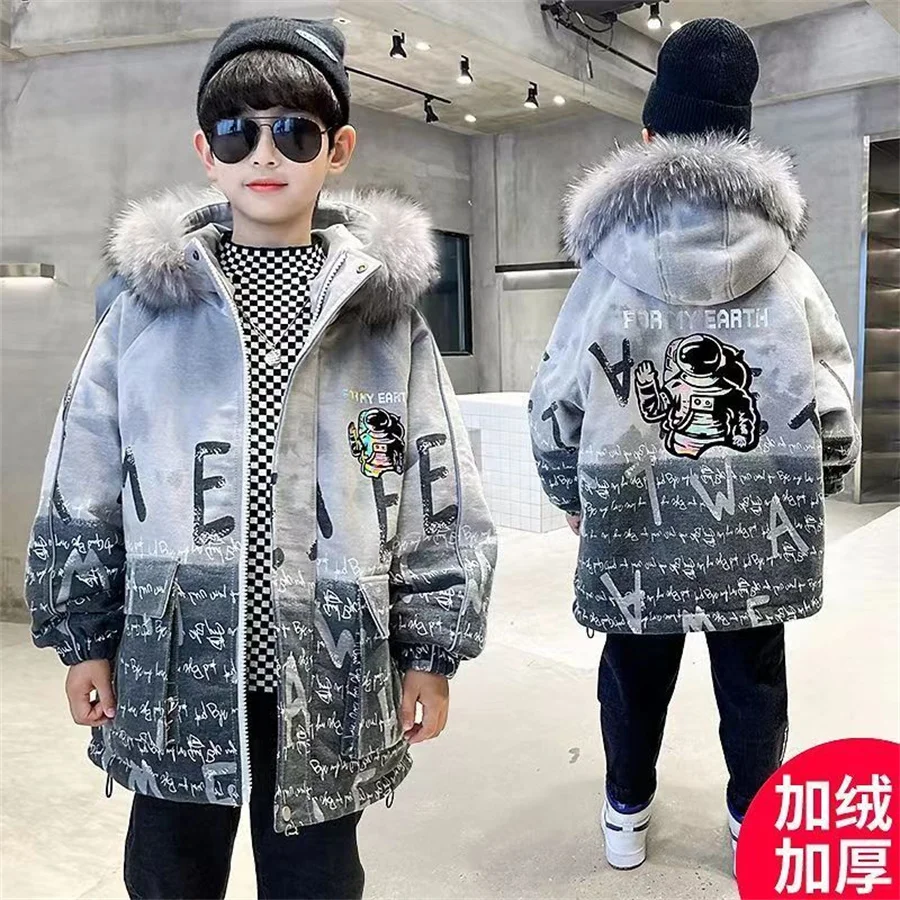 2023 Children Down 4 5 6 7 8 9 10 12 14 Years Winter kids Outerwear Boys Casual Warm Hooded Jacket for Boys letter print Coats