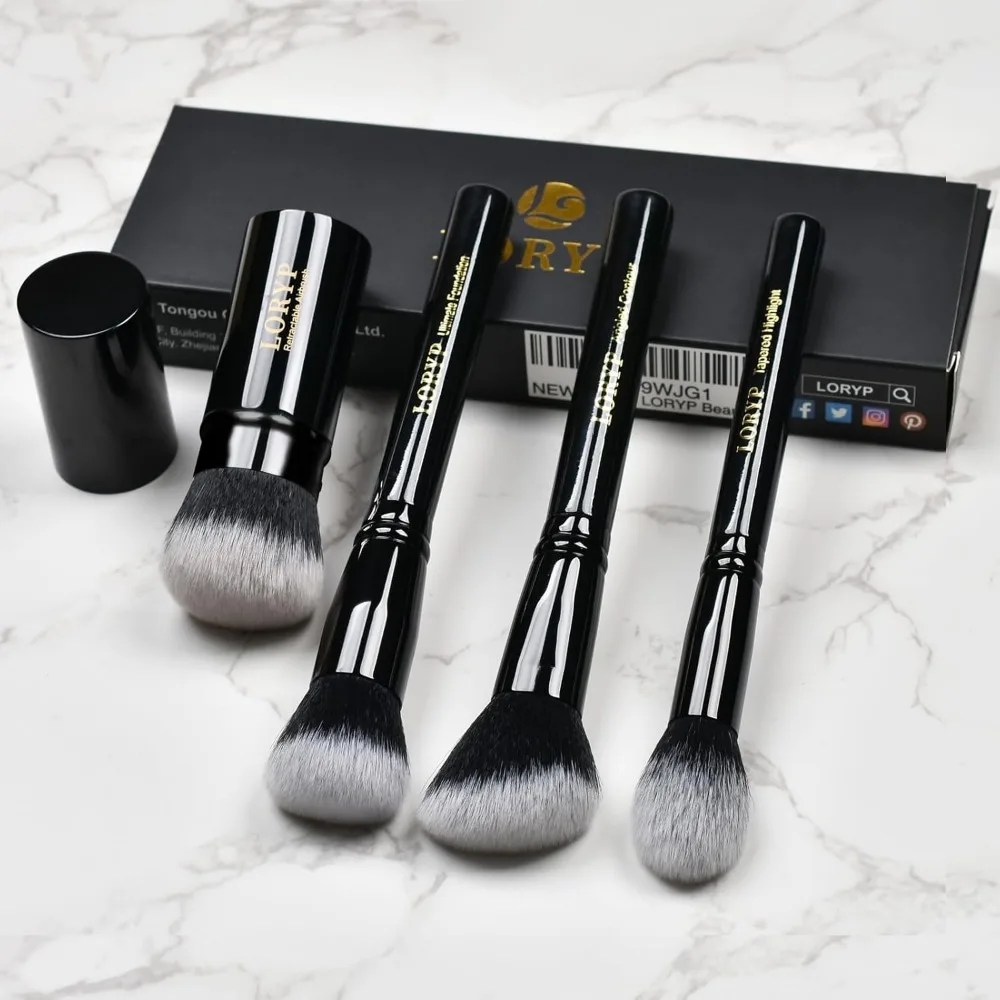 4-teiliges professionelles Make-up-Pinsel-Set für das ganze Gesicht mit einziehbarem Kabuki-Airbrush für Puder, Flüssigkeit, Creme, abgewinkelter Rougepinsel, Fo