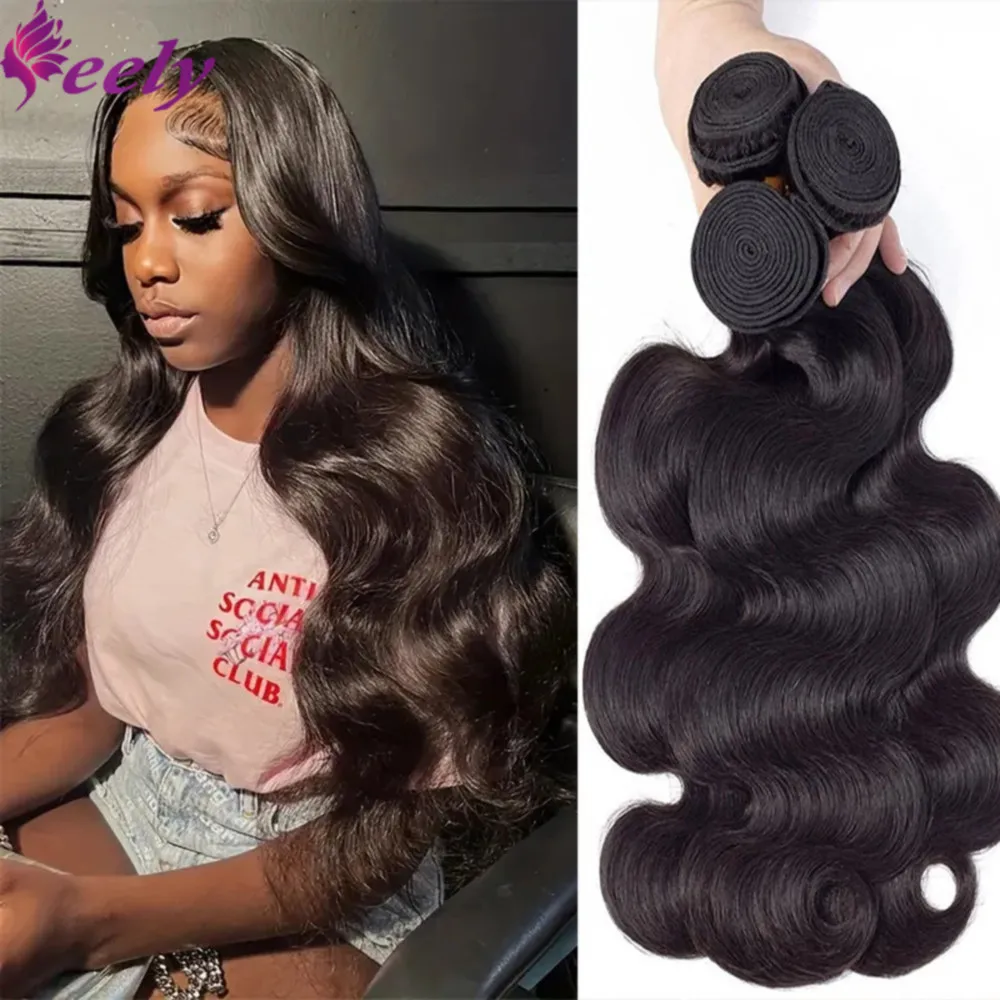 Brazilian Human Hair Bundles Body Wave Bundles Human Hair 100% Unprocessed Natural Color #1B For Woman Weave Extensions 30 Inch