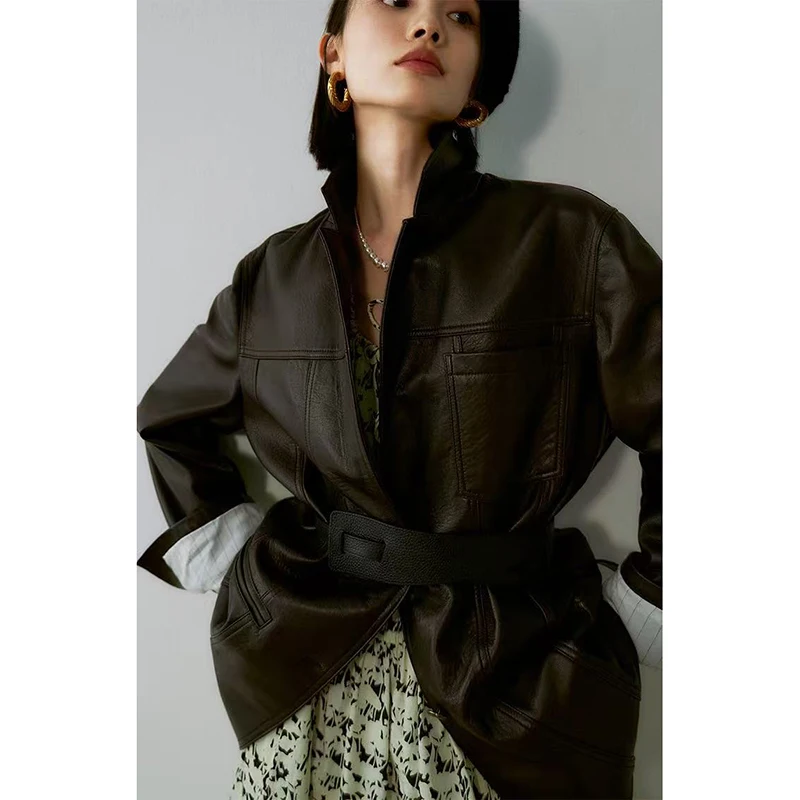 سترات من الجلد الحقيقي السيدات جلد الغنم فقاعة الجلد موضة خمر الأحمر البني زرين جيب فضفاض دعوى معطف Lederjacken Fraue #2