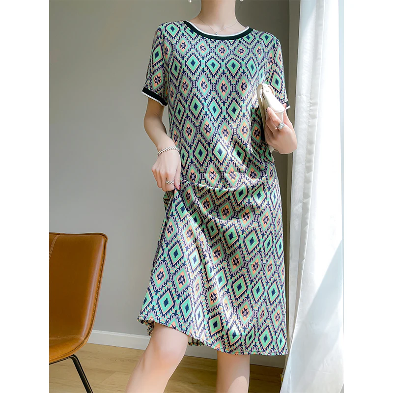 Diamond plaid solid color women's spring/summer pullover Korean version Korean high-end short sleeved dress