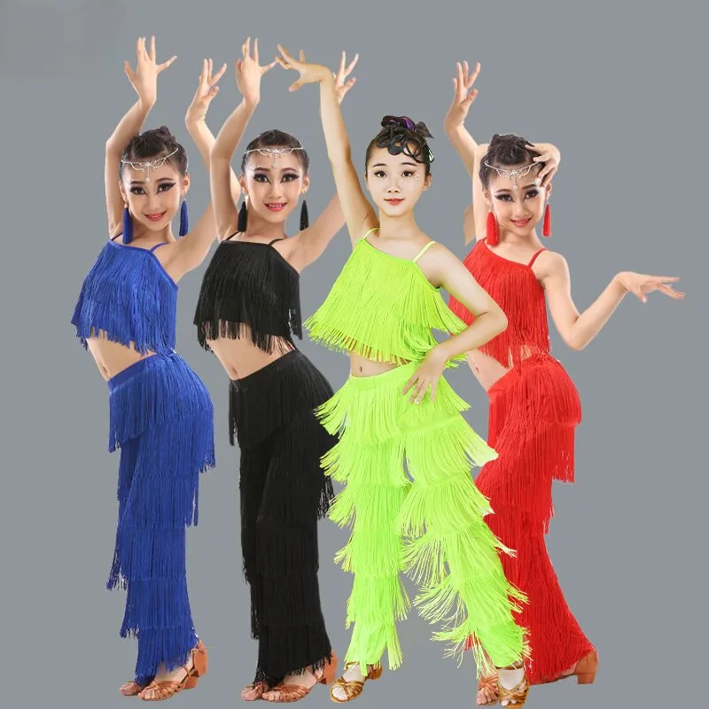 customized children's Latin dance dress for girls professional competition tassel set performance skirt 2-piece set fringe dress