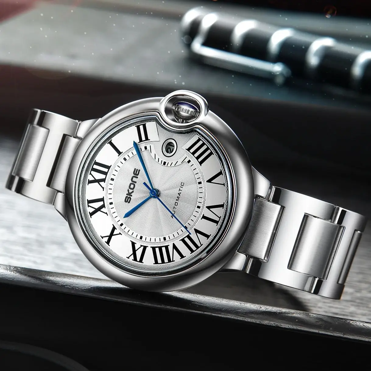 ساعة SKONE التجارية للرجال بحركة ميكانيكية أوتوماتيكية مقاومة للماء وبسيطة للأعمال الترفيهية الفاخرة من سلسلة Blue Balloon