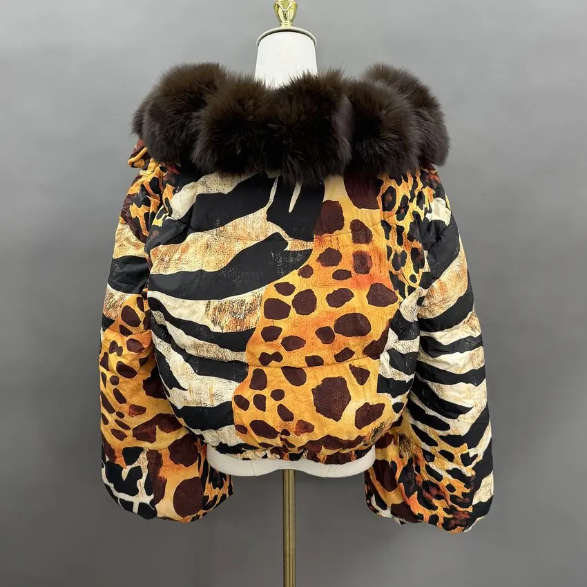 JANEFUR Women Cropped Puffer Jacket Real Fox Fur Collar Leopard Print Bubble Coat Winter Warm Thick Down Outerwear JFB8-26010