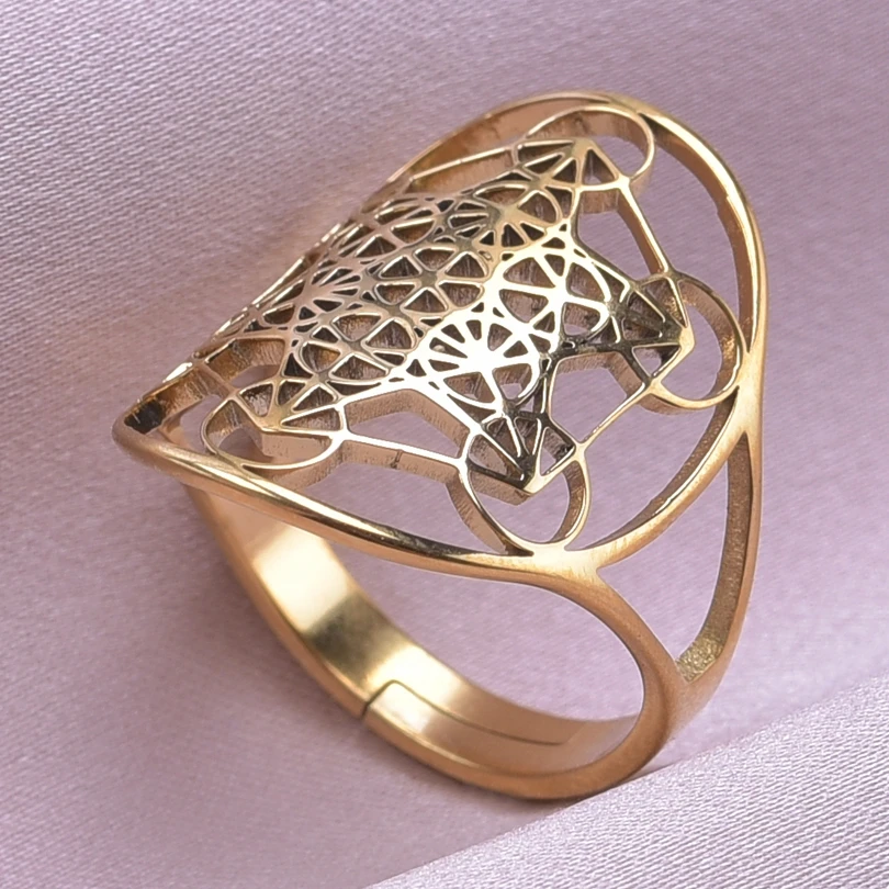 Exquisite Hollow Six Point Star Adjustable Rings For Women Men Stainless Steel Fashion Geometric Oval Finger Ring Jewelry Gift
