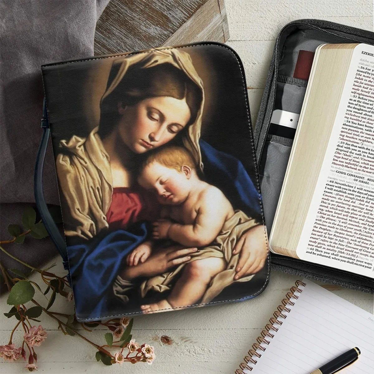 

Virgin Mary Pattern Print Leather Handbag for Women New Hot Custom Bible Cover Case Christian Bible Study Book Holy Storage Boxe