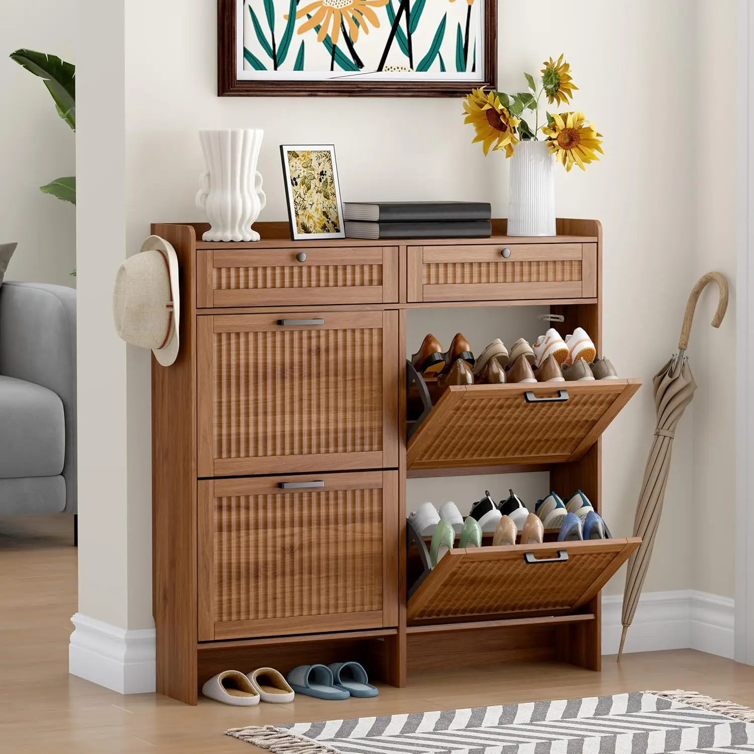 Fluted Shoe Cabinet 4 Flip & 2 Top Drawers Walnut Entryway Storage, Customized