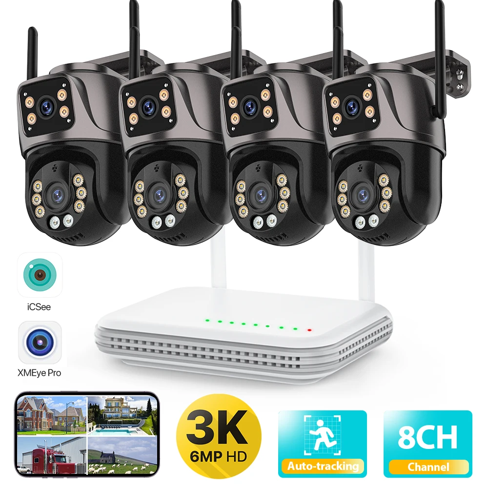 6MP HD Wireless IP Camera Dual Lens Security Proction PTZ WIFI Camera 8CH NVR Video Surveillance Kit Two Way Audio iCSee