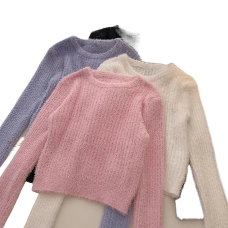 

Mink Fur Short Sweater Women's Spring Autumn Korean Version Versatile Top O-neck Long Sleeved Solid Pullover