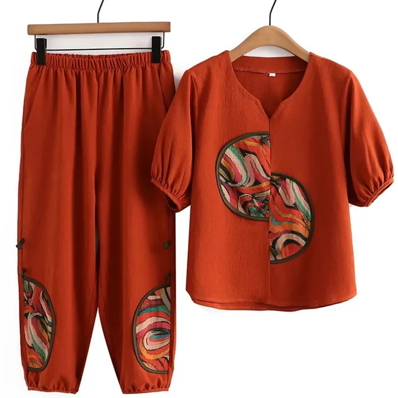 

Summer Femme Fashion Linen Cotton Two-piece Set Korean Lady Short Sleeved Printed Pants 2PCS Middle-aged Mom Large Size 6XL Suit