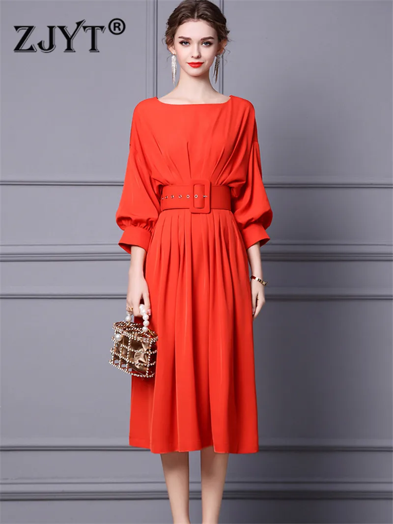 

Runway 2024 Spring Summer Midi Dress for Women Elegant Vestido Feminino Lantern Sleeve Aline Casual Holiday Party Robe Femme