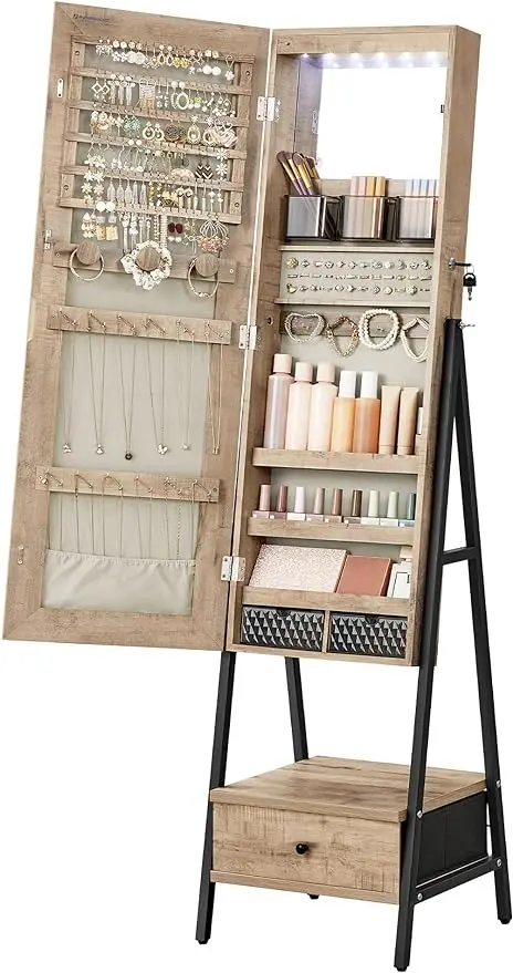 LED Mirror Jewelry Cabinet Standing, Lockable Jewelry Armoire with Full-Length Mirror, Space-Saving Jewelry Organizer w