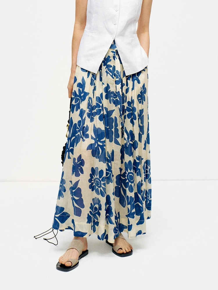 

Ramie floral half-body skirt vacation style temperament versatile belt Slim A-line long women's skirts 2024 summer new