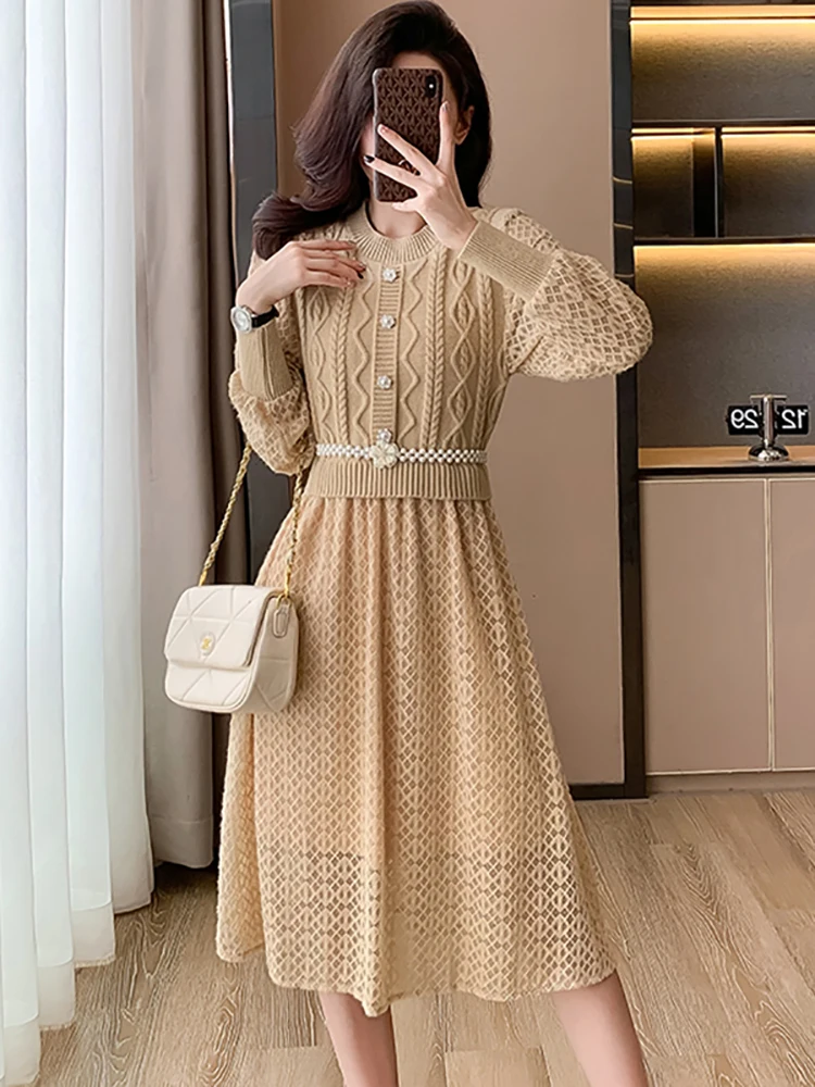 Autumn Winter Black Knitted Patchwork Lace Midi Dress Women Fashion Chic Hook Flower Sweater Dress 2024 Korean Elegant Vestidos