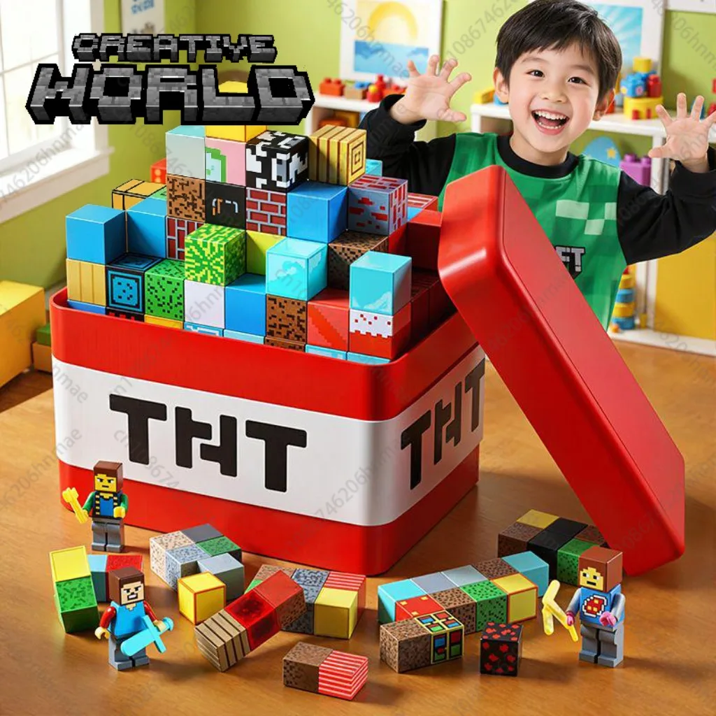 

Magnetic Building Blocks Toy Storage Box Set Lid Can hold Figures Magnet Cube Brick Kid Pixel style Model Baseplate Toys Gift