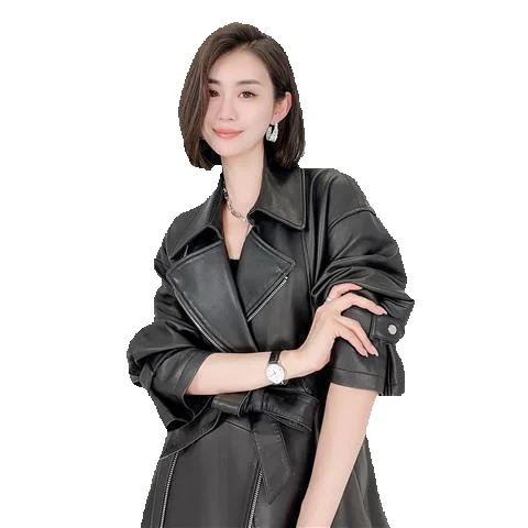 

New Genuine Leather Jacket, Women's Sheepskin Long Motorcycle Style Belt Pull Jacket Jacket Jacket