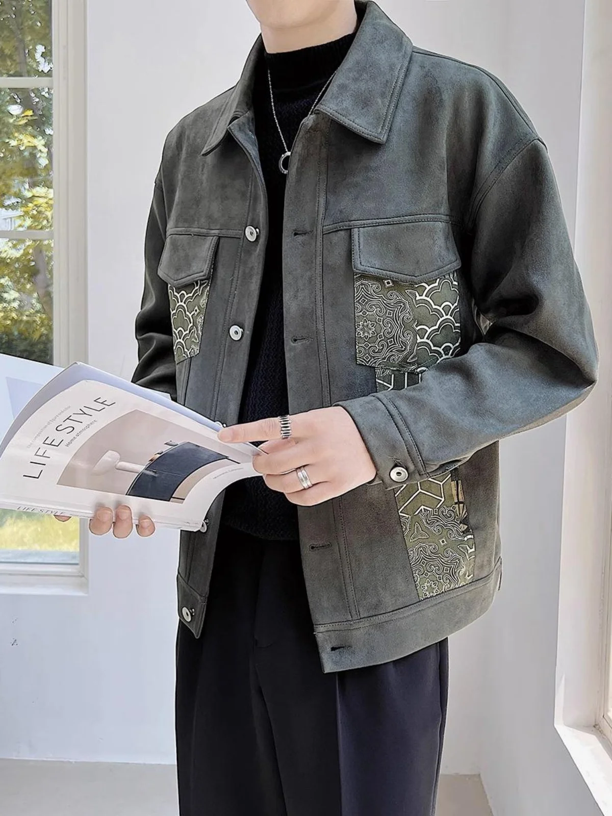 

Мужская замшевая куртка свободного кроя с отложным воротником, ветрозащитная, повседневная, для весны и осени, высококачественная кожаная.