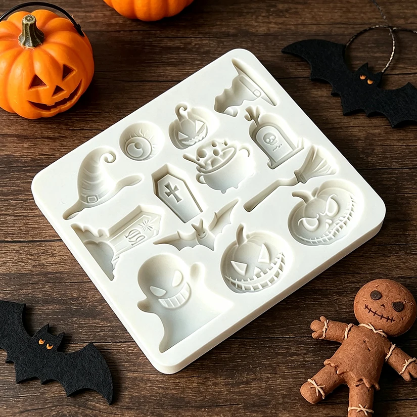 Halloween Kürbis Geist Fledermaus Hexenhut Grabstein Silikonform für Zuckerguss, Harz, Cupcake-Backen, Fondant und Kuchendekoration – Detail 5