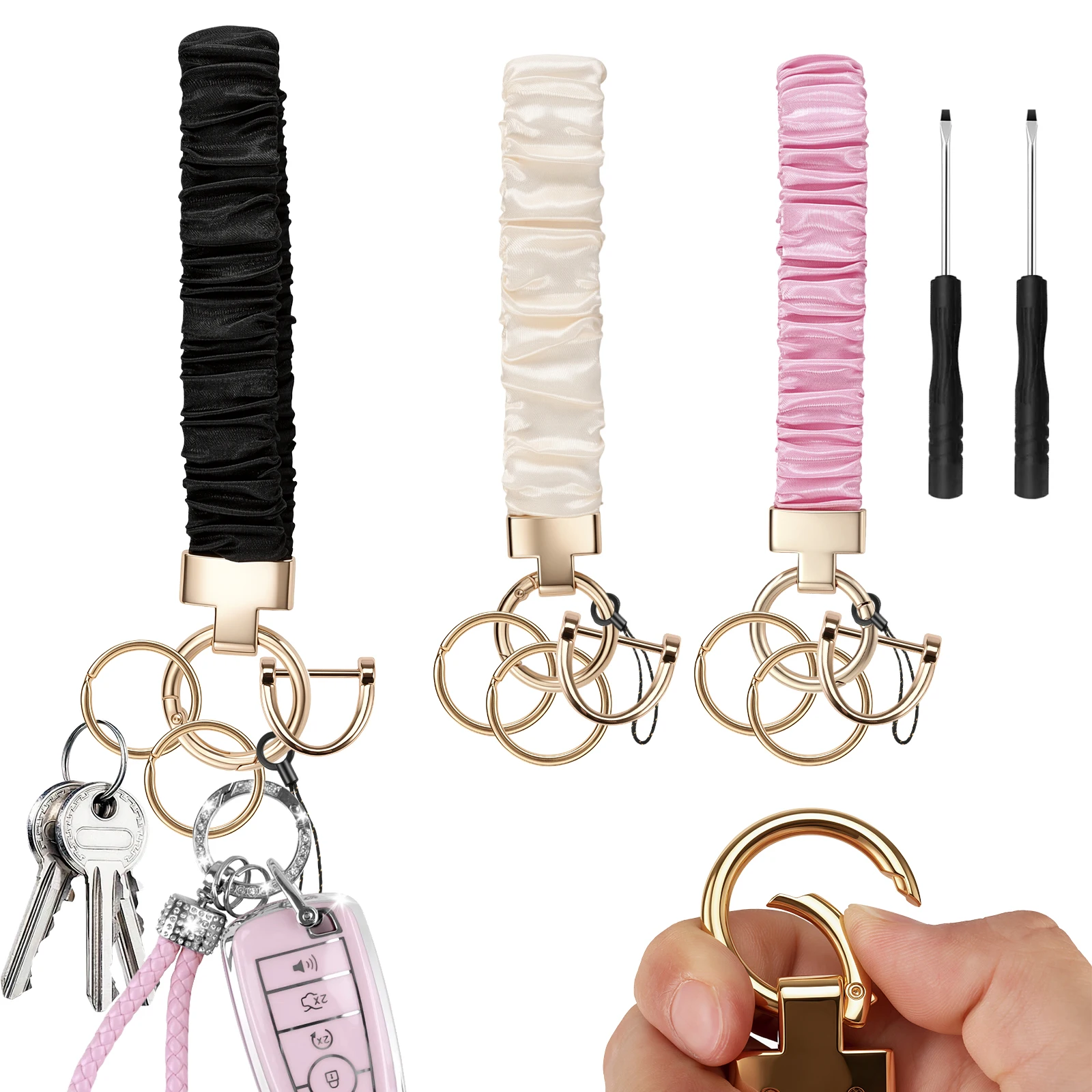 Scrunchie Wrist Keychain for Women Men-Elastic Stretchy Key Ring Bracelet D Ring Multipurpose Car Key Holder&Hair Tie Gym/Travel