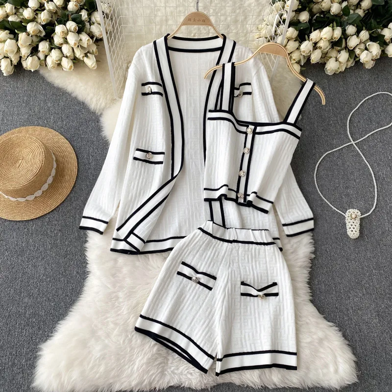 

Spring Autumn Women Knitted Cardigan Striped Contrast Color Sweater Coat Tops + Camisole + Wide Legs Shorts Pants 3pcs Set