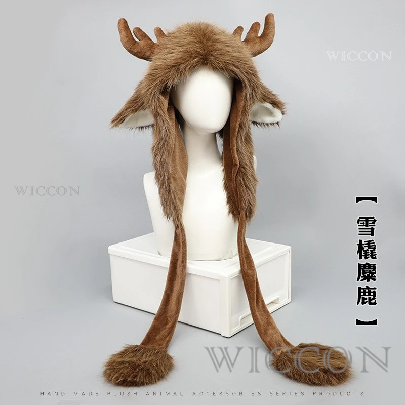 Mori Girl Plush Elk Cosplay Headwear Christmas Winter Antler Deer Printing Elk Earmuffs Cap