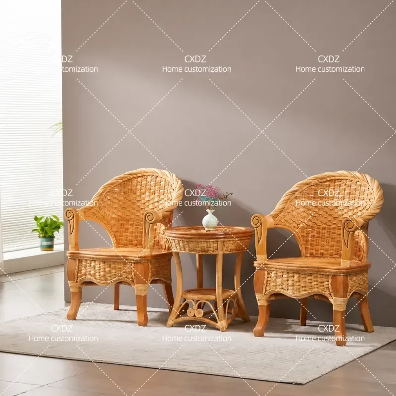Rattan Chair Set 3 Piece Balcony Leisure Area Tea Table and Two Chairs Small Courtyard Sofa Chair Single Living Room